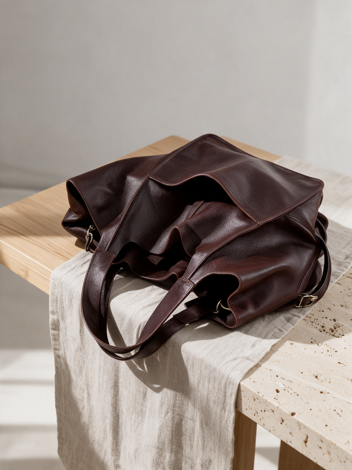 Urania weekender bag slouched over a wooden table