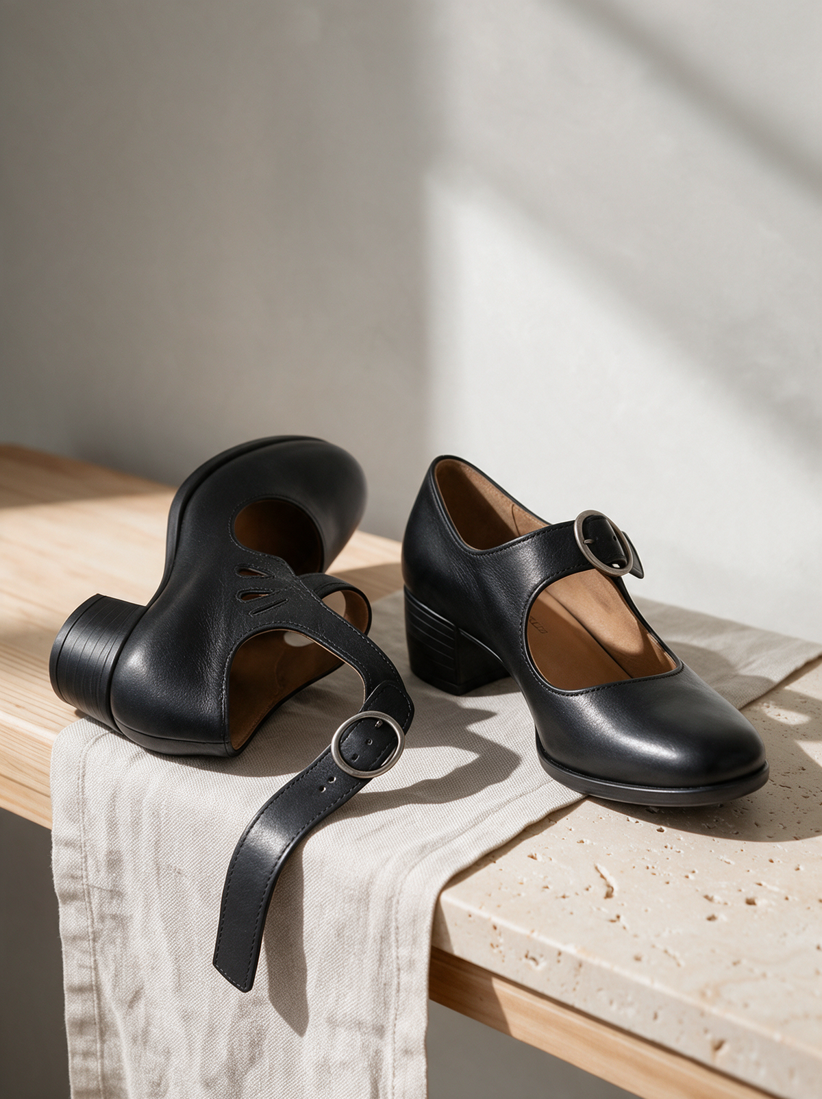 Lorraine Mary Jane pumps resting on a wooden table
