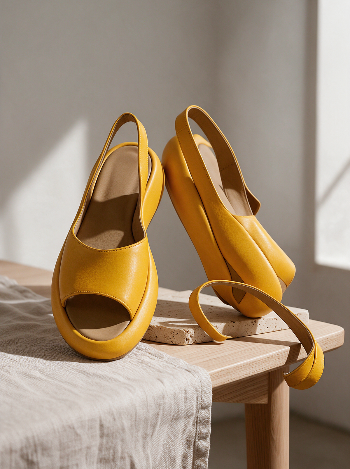 Ottilie slingback sandals resting on a wooden table