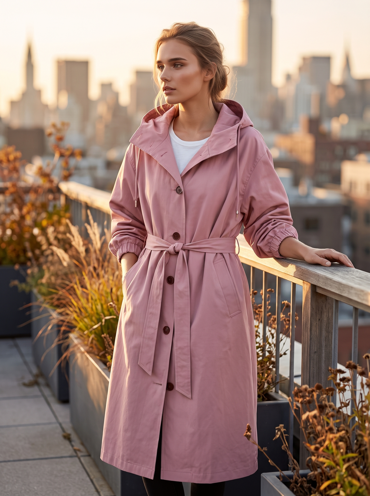 Mirabelle pink oversized trench coat worn by a model on a city rooftop terrace in autumn