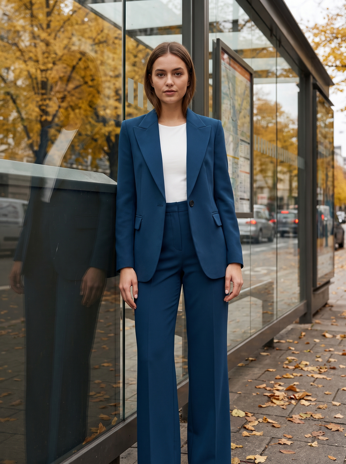 Pomeline navy blue wide leg blazer suit set worn by a model by a city bus shelter in autumn