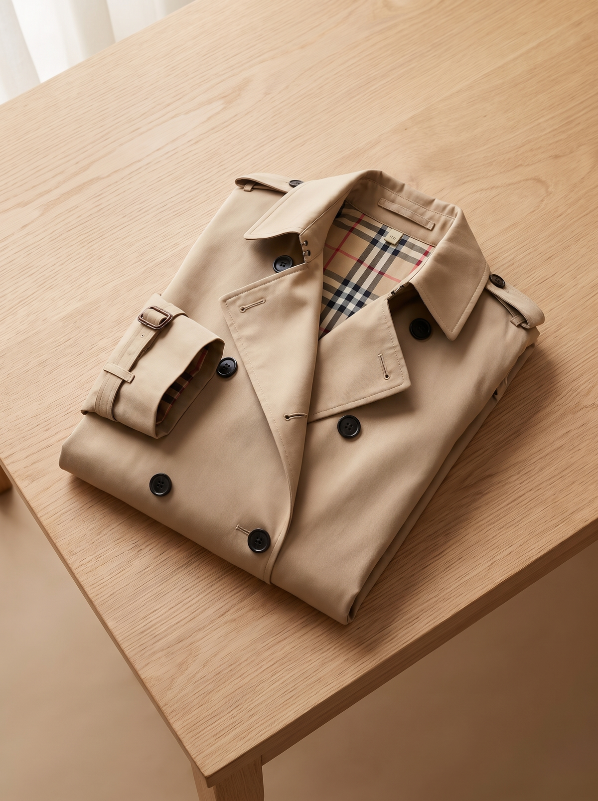 Aveline double breasted trench coat folded neatly on a table