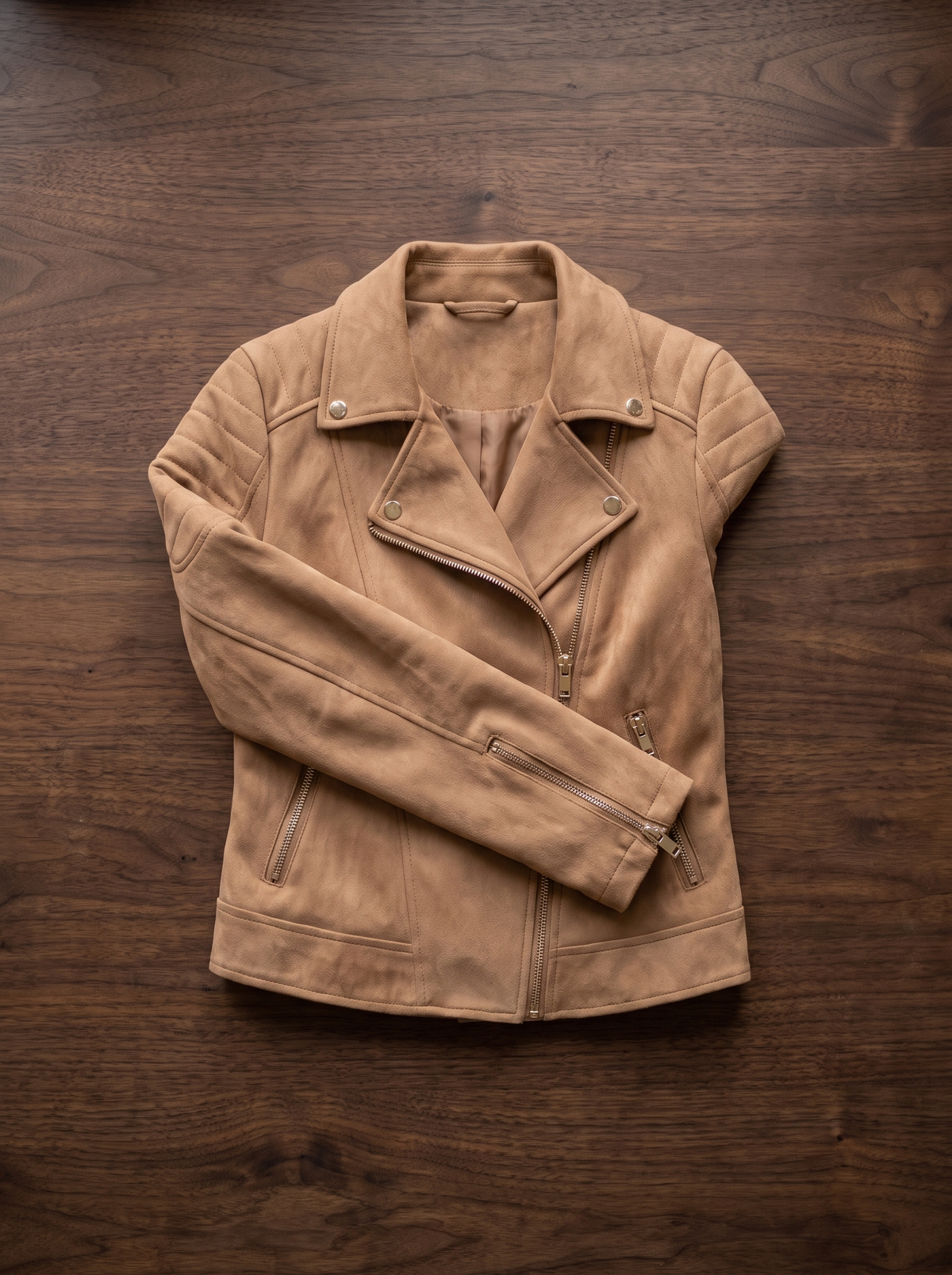 Romilly suede moto jacket folded neatly on a table