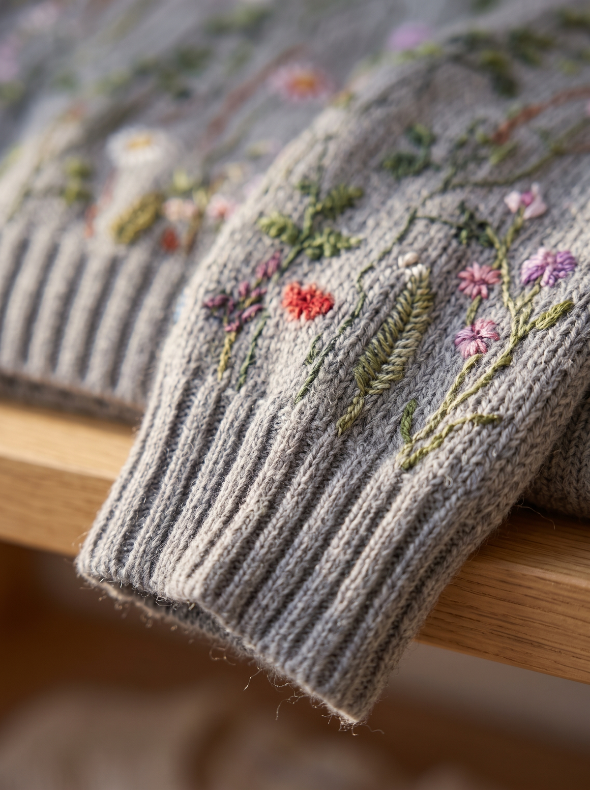 Detail of the Fleurine floral ribbed knit sweater showing its material and finish
