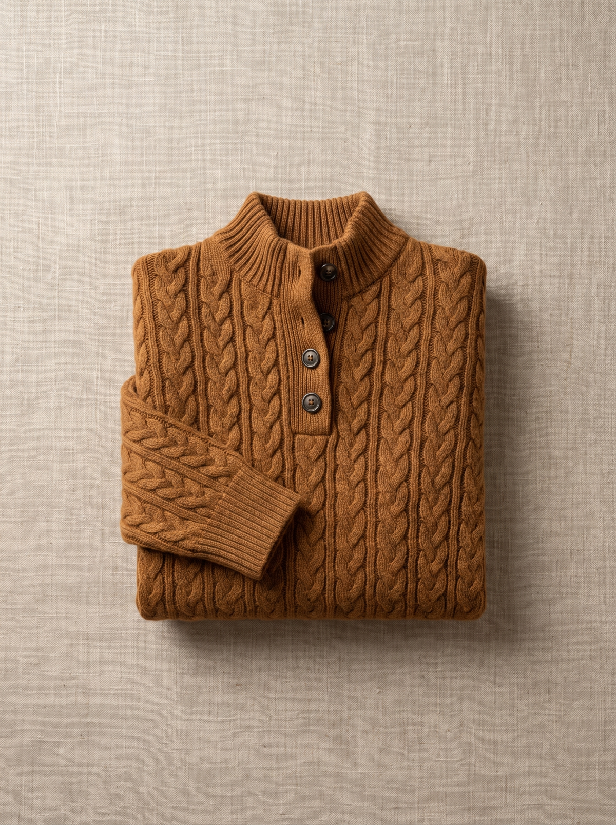 Lavinia cable knit sweater folded neatly on a table