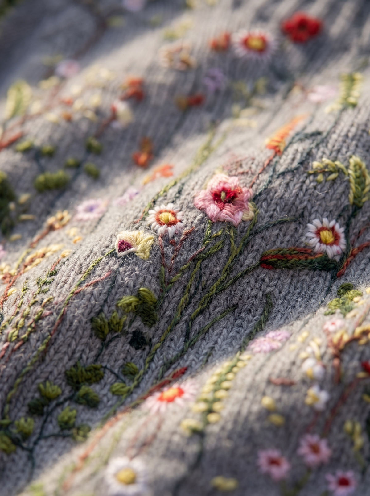Close up of the fabric of the Fleurine floral ribbed knit sweater