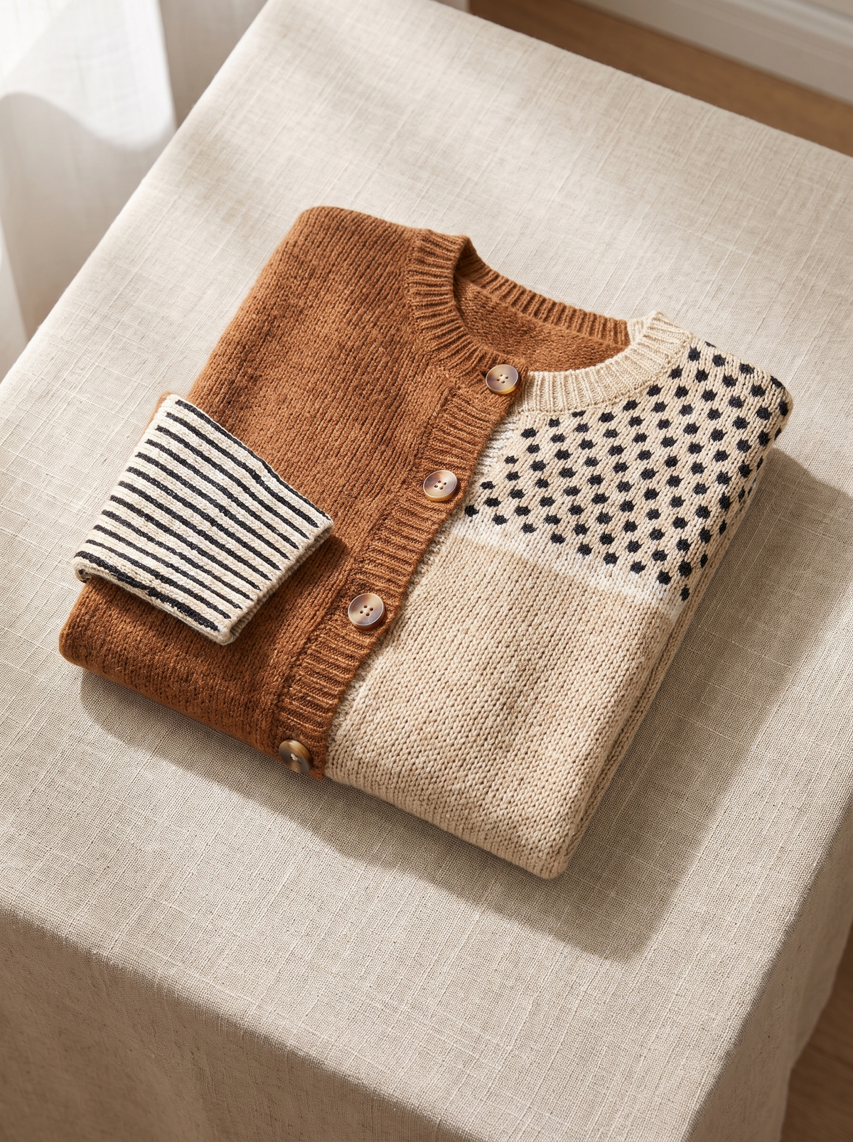 Ninette polka dot cardigan folded neatly on a table