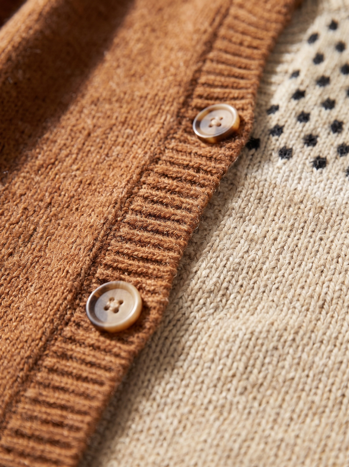 Detail of the Ninette polka dot cardigan showing its material and finish