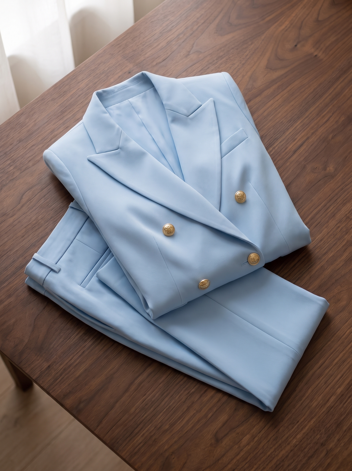 Xaviera double breasted blazer suit set folded neatly on a table