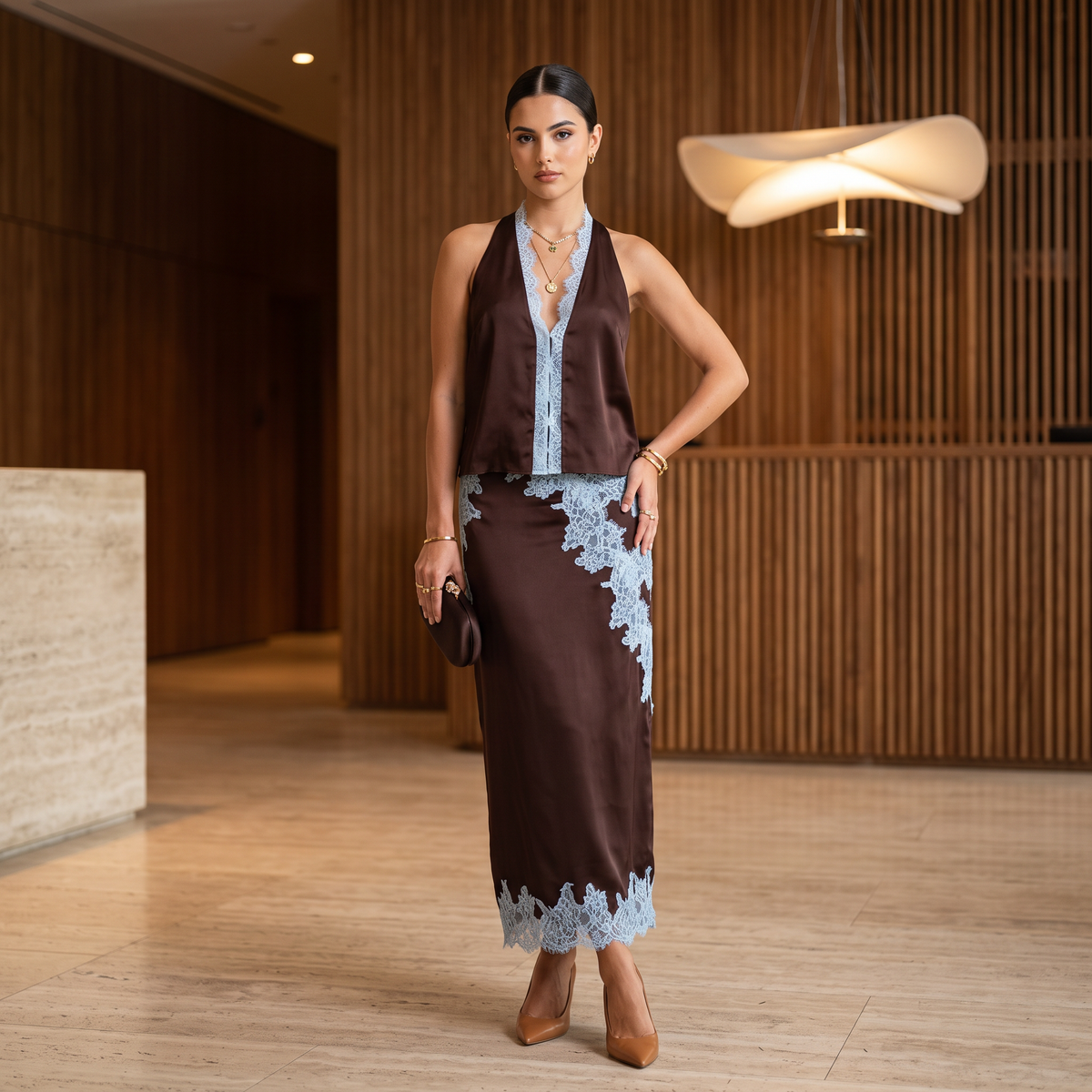 Vivienne Lace Panel Top and Skirt Set