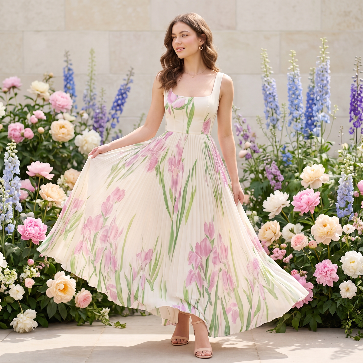 Delphine Pleated Floral Chiffon Maxi Dress
