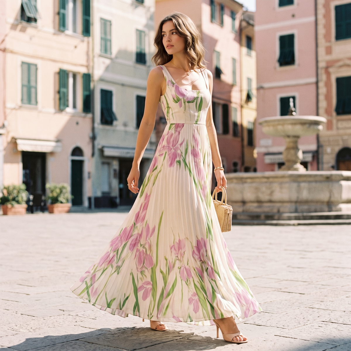 Delphine Pleated Floral Chiffon Maxi Dress