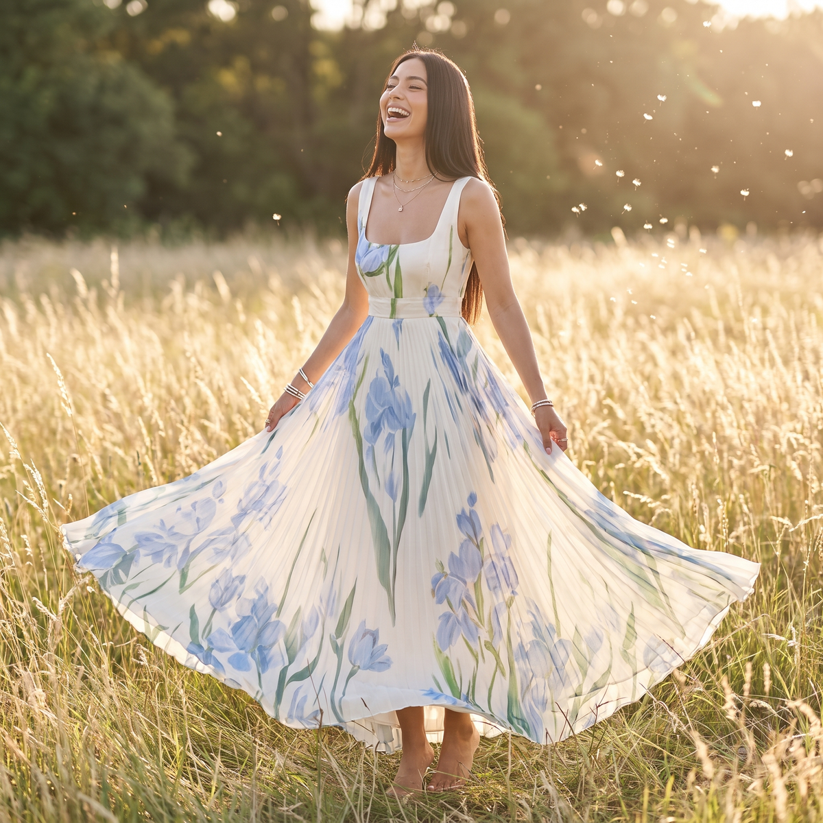 Delphine Pleated Floral Chiffon Maxi Dress