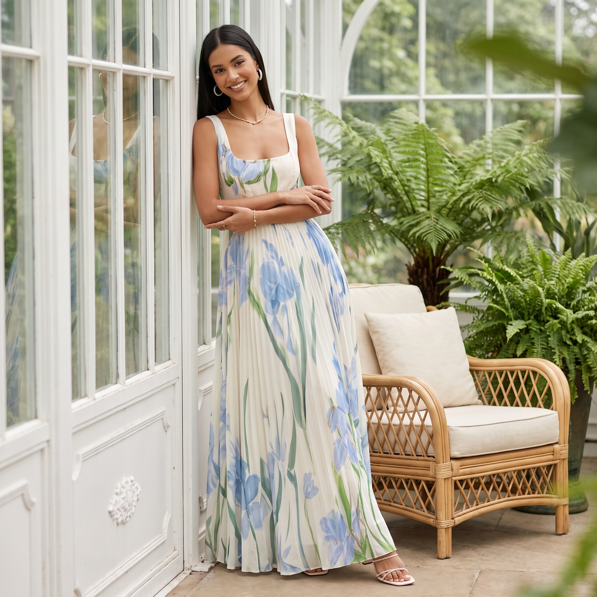 Delphine Pleated Floral Chiffon Maxi Dress