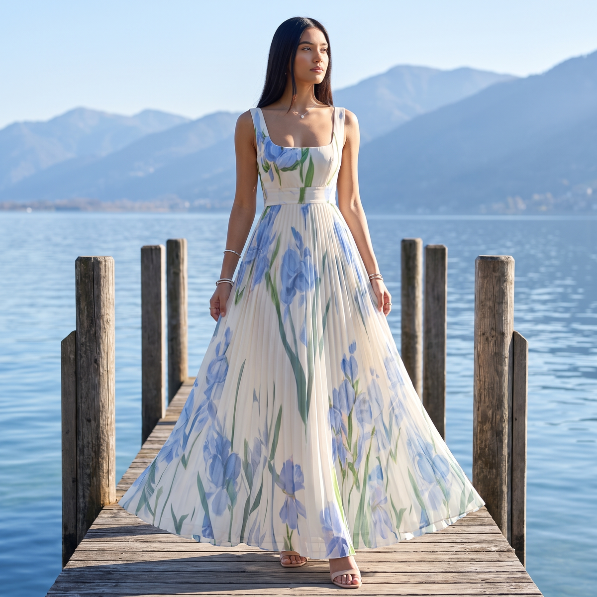 Delphine Pleated Floral Chiffon Maxi Dress