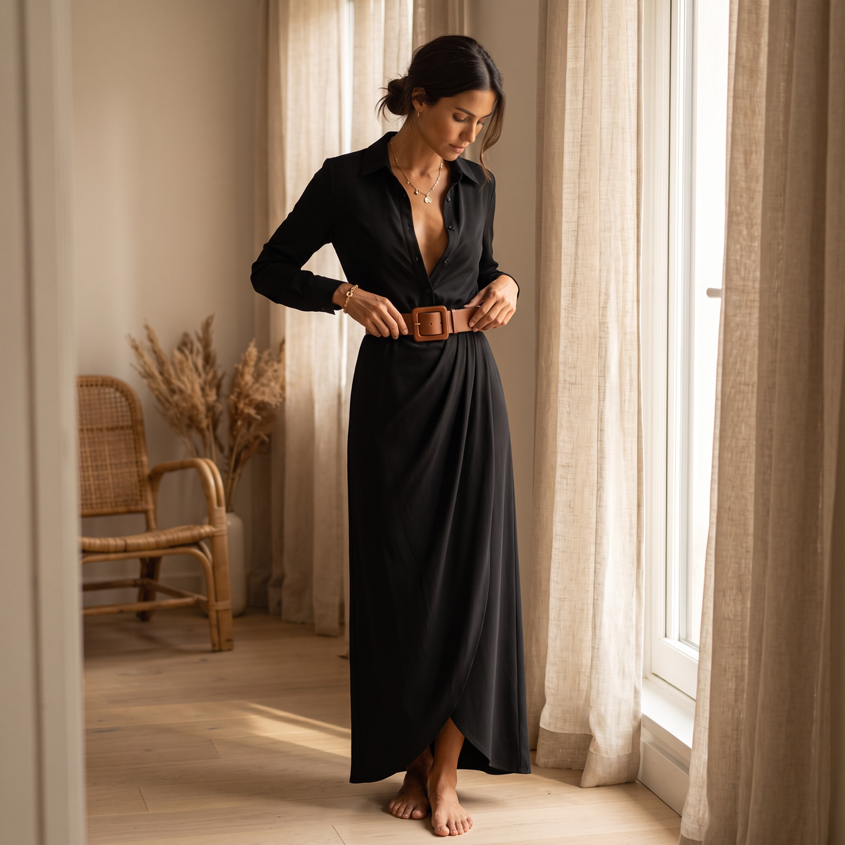 Black Seraphine belted shirt maxi dress worn at home by a sunlit window