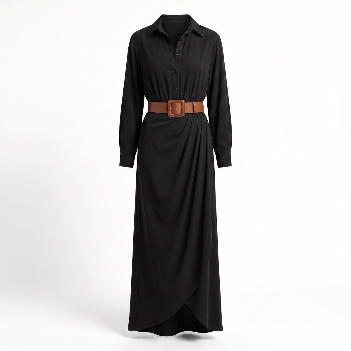 Seraphine Belted Shirt Maxi Dress in black with brown leather belt on a pure white background