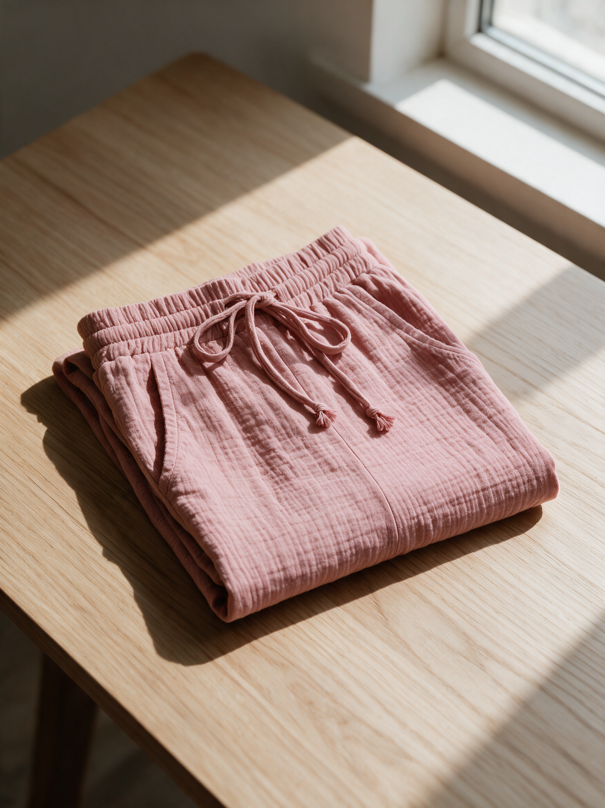 The Alexa gauze shorts folded on a table