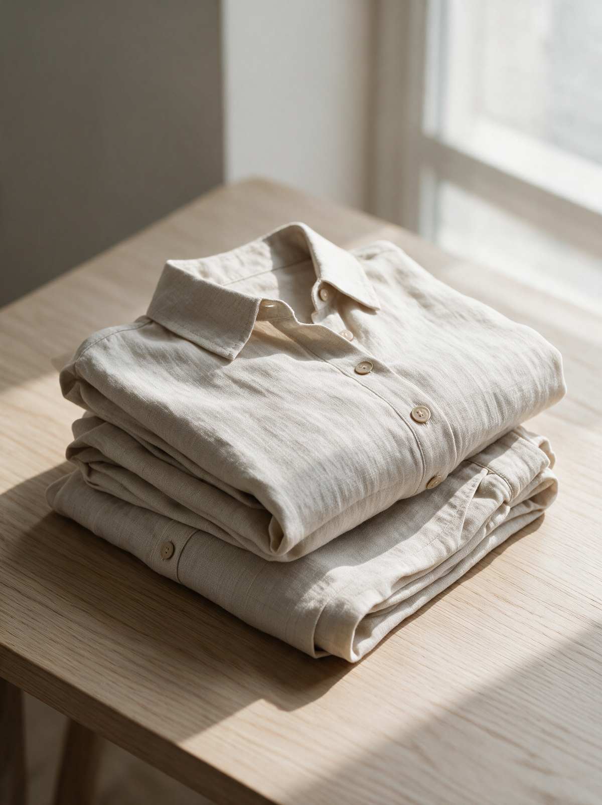 The Aneta shirt and shorts set folded on a table