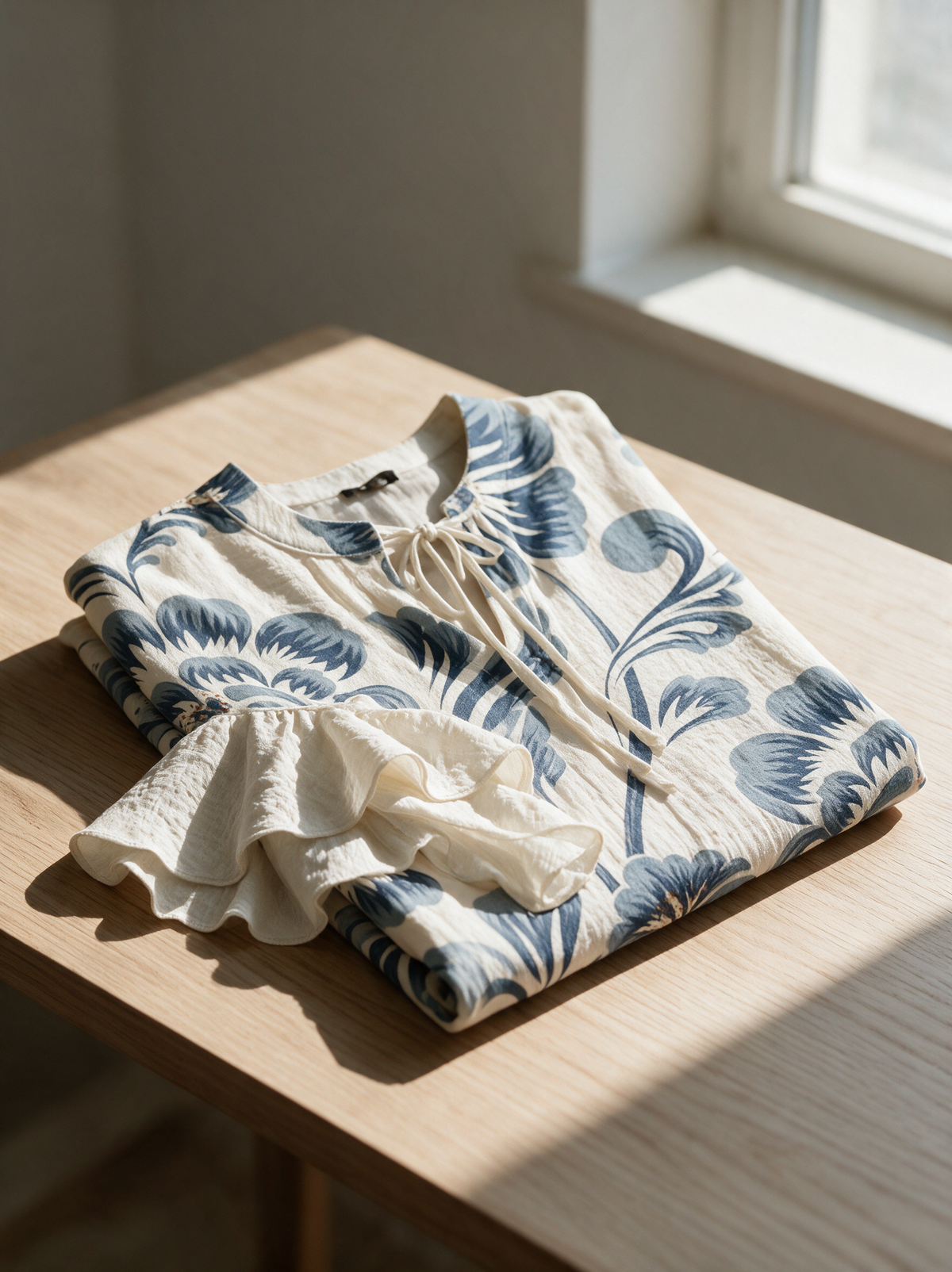 The Janessa floral ruffle blouse folded on a table