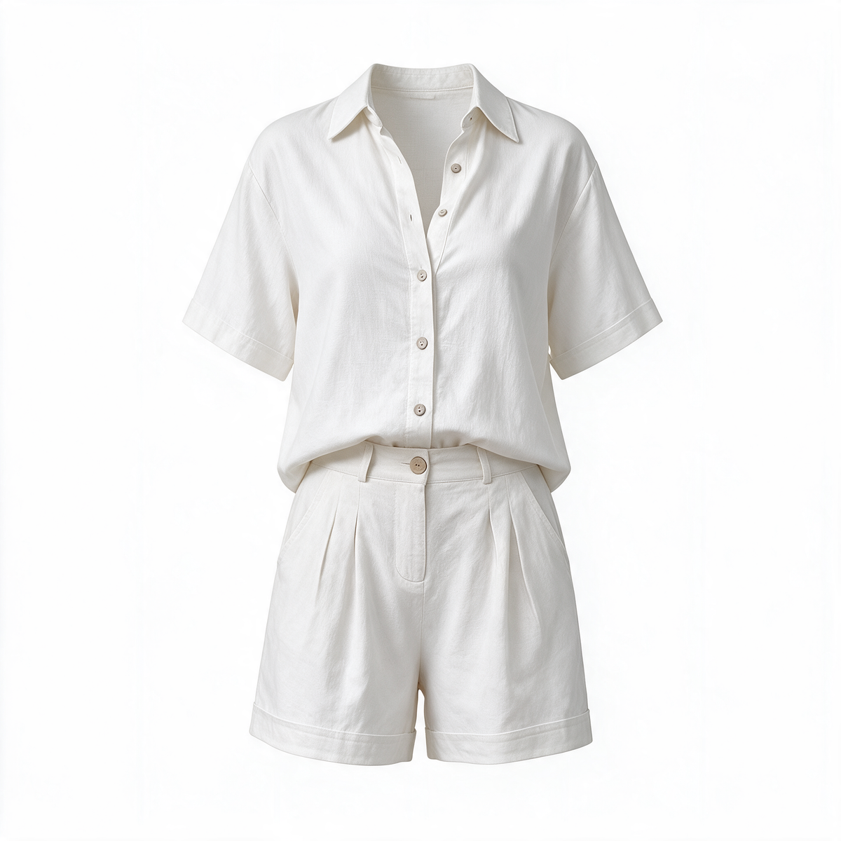 Aneta button-down shorts set in white on a plain background