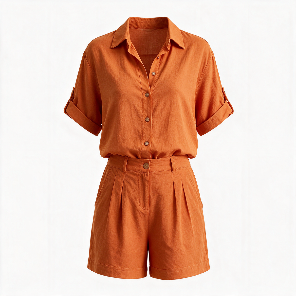Aneta button-down shorts set in orange on a plain background