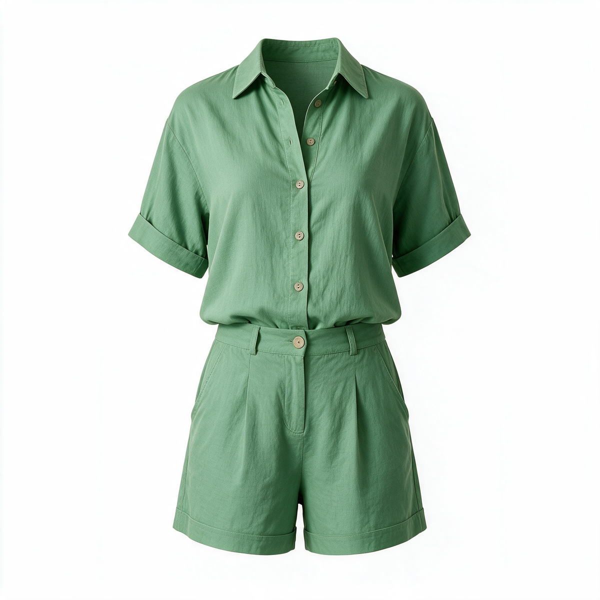 Aneta button-down shorts set in green on a plain background