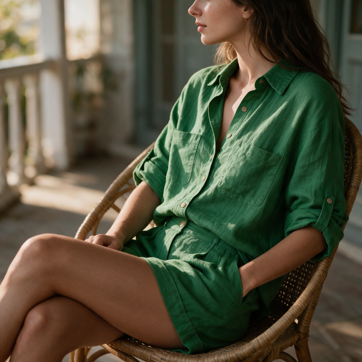 Model wearing the green Aneta set on a shaded veranda