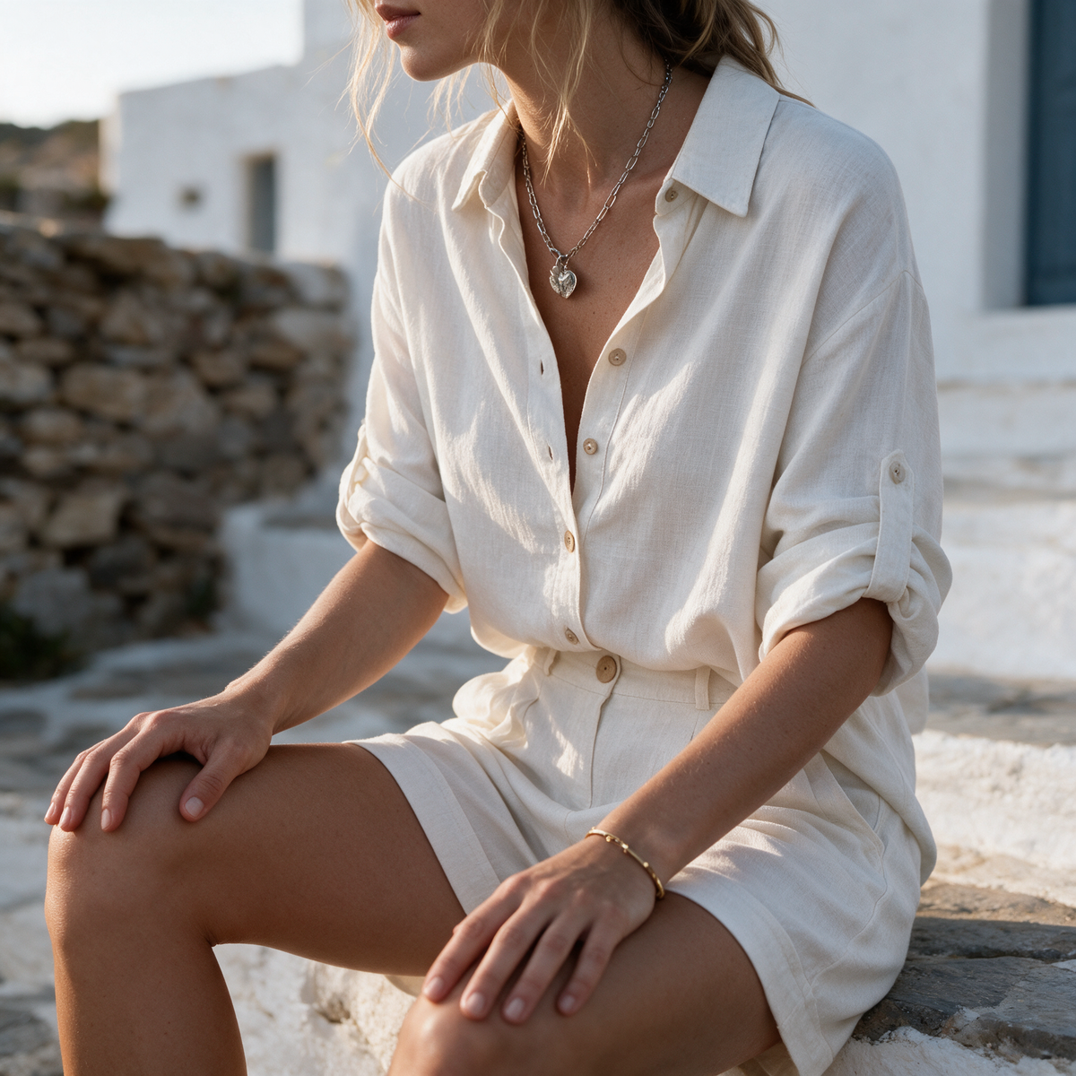 Model wearing the white Aneta set seated on villa steps