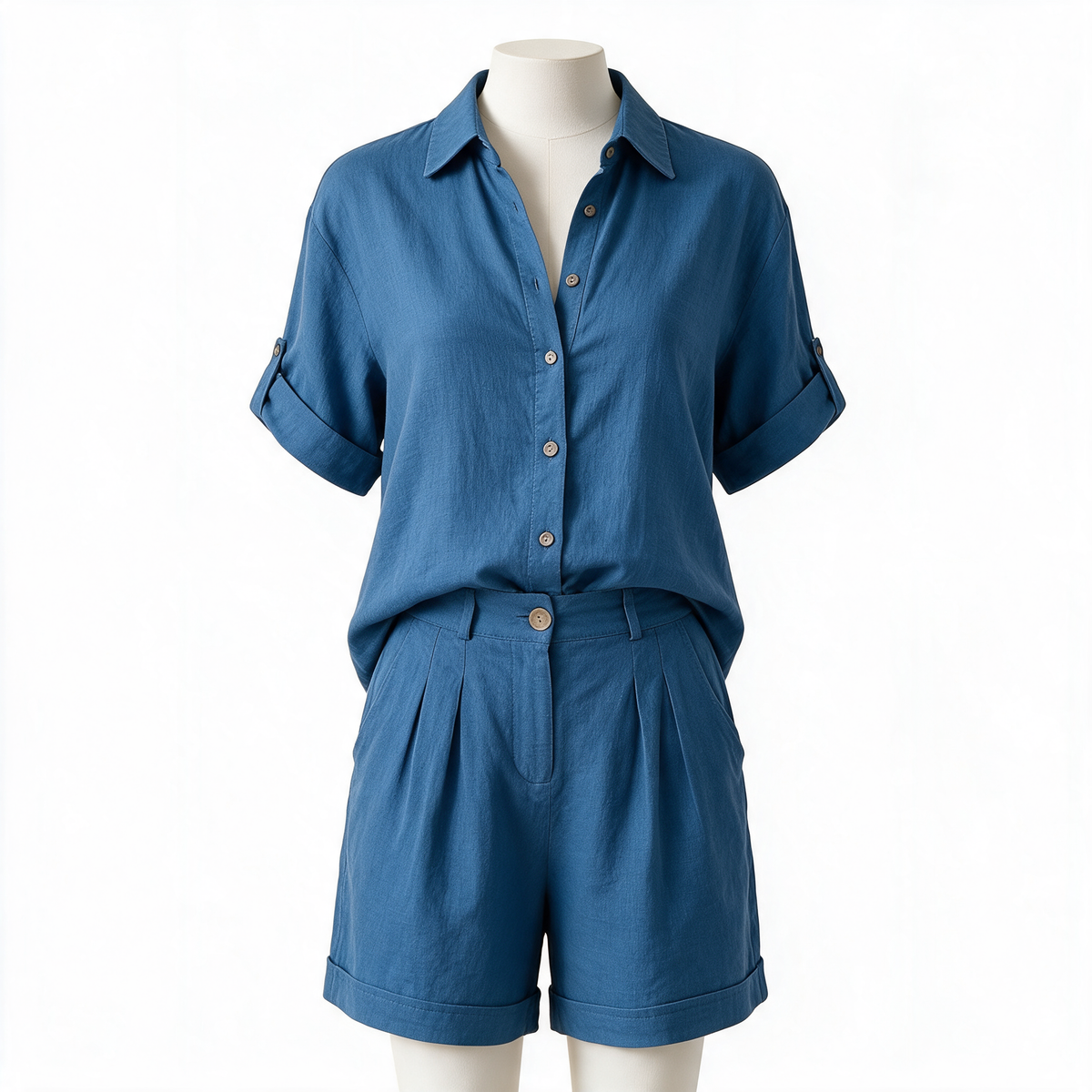 Aneta button-down shorts set in blue on a plain background