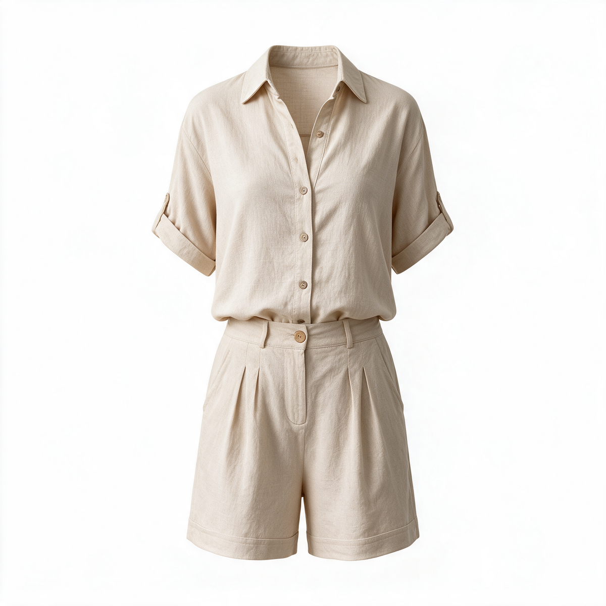 Aneta button-down shorts set in beige on a plain background
