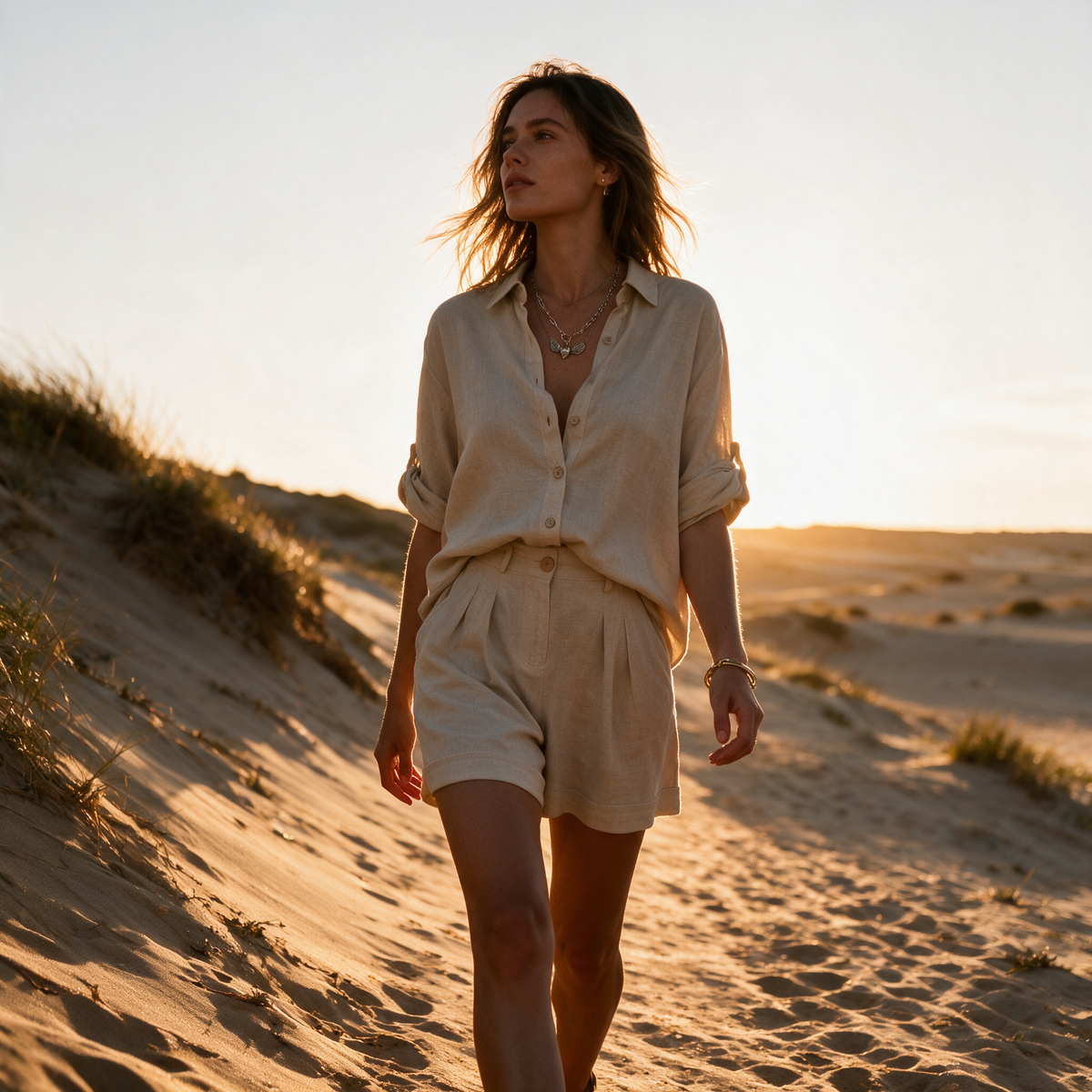 Model wearing the beige Aneta set on a dune path at sunset