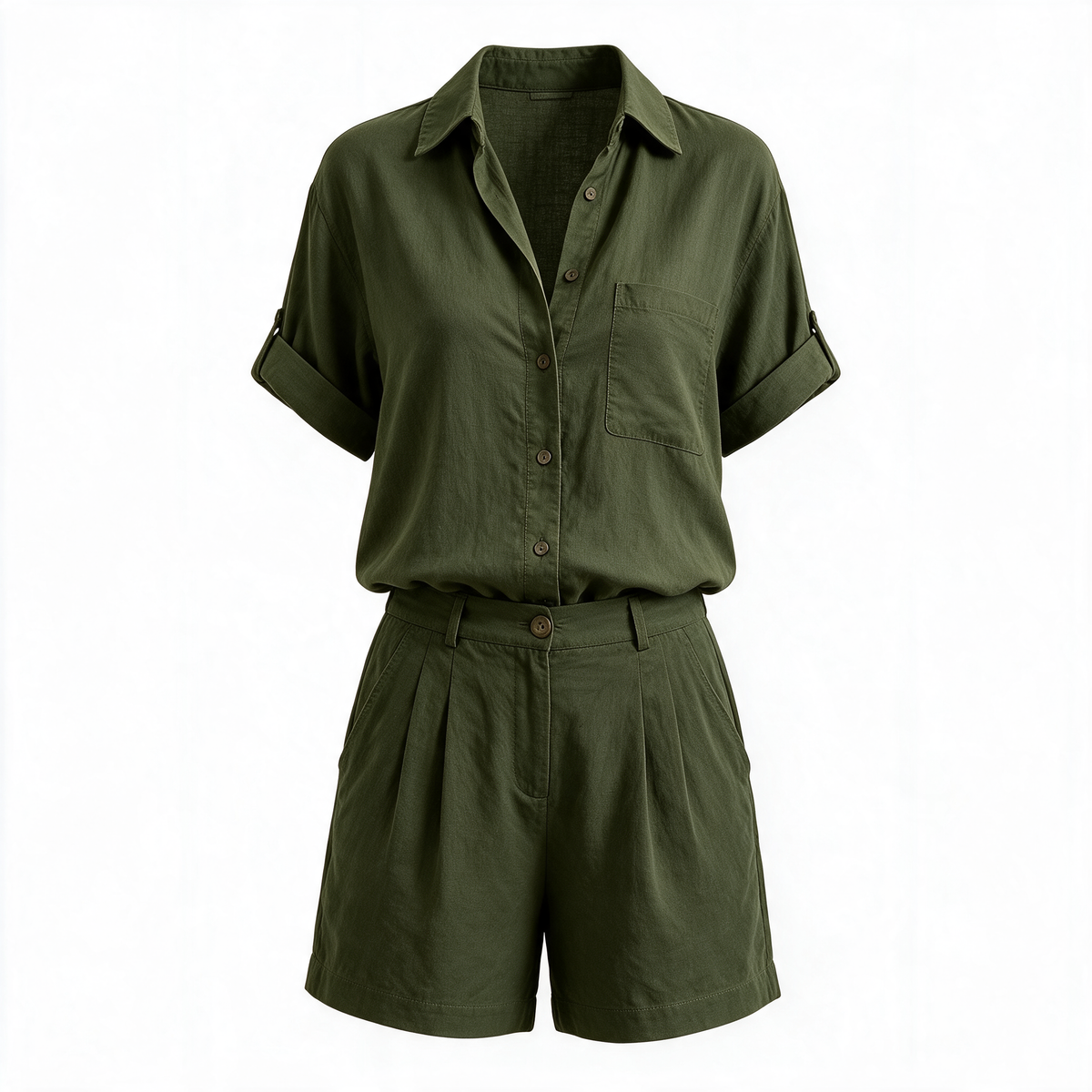 Aneta button-down shorts set in military green on a plain background