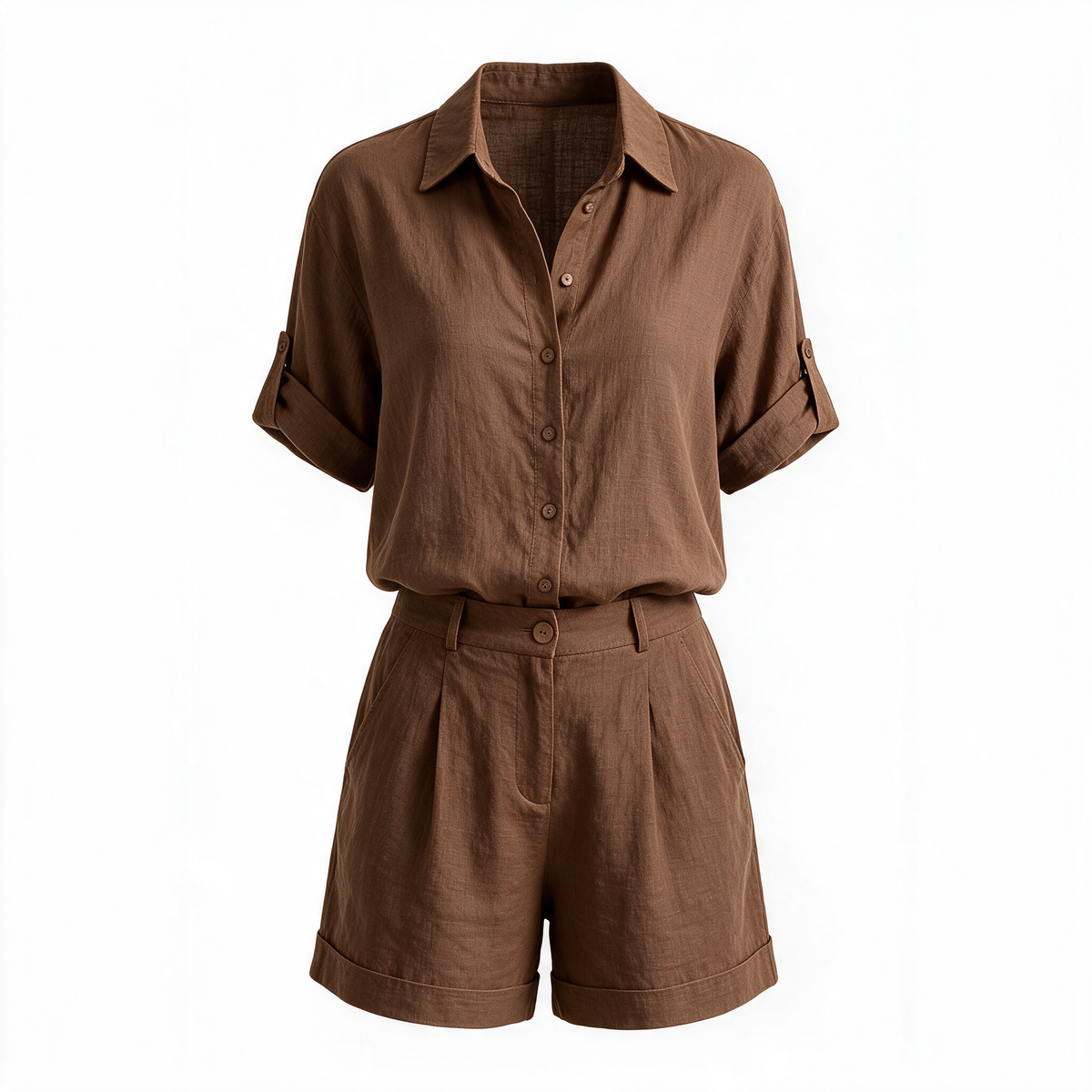 Aneta button-down shorts set in brown on a plain background
