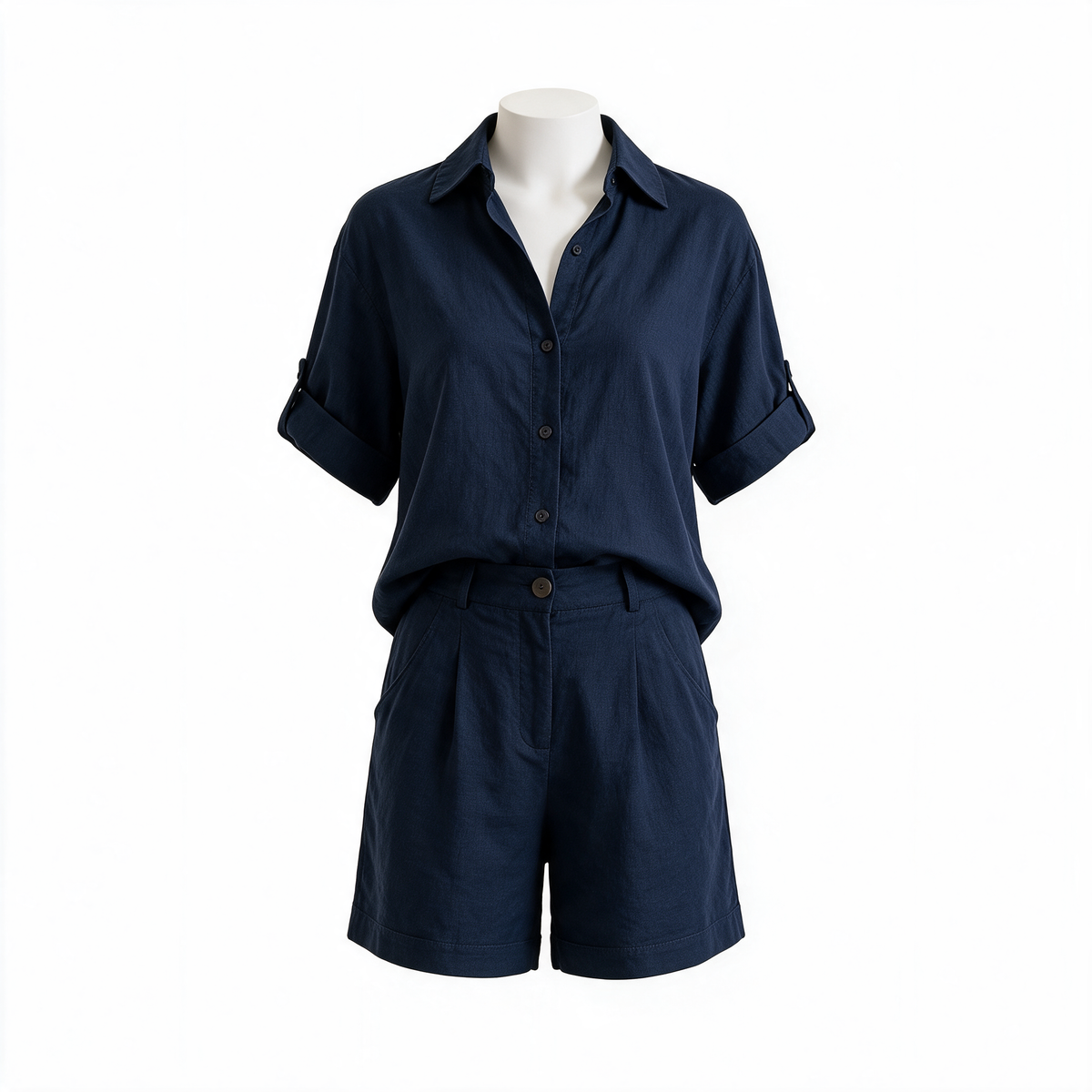 Aneta button-down shorts set in navy blue on a plain background
