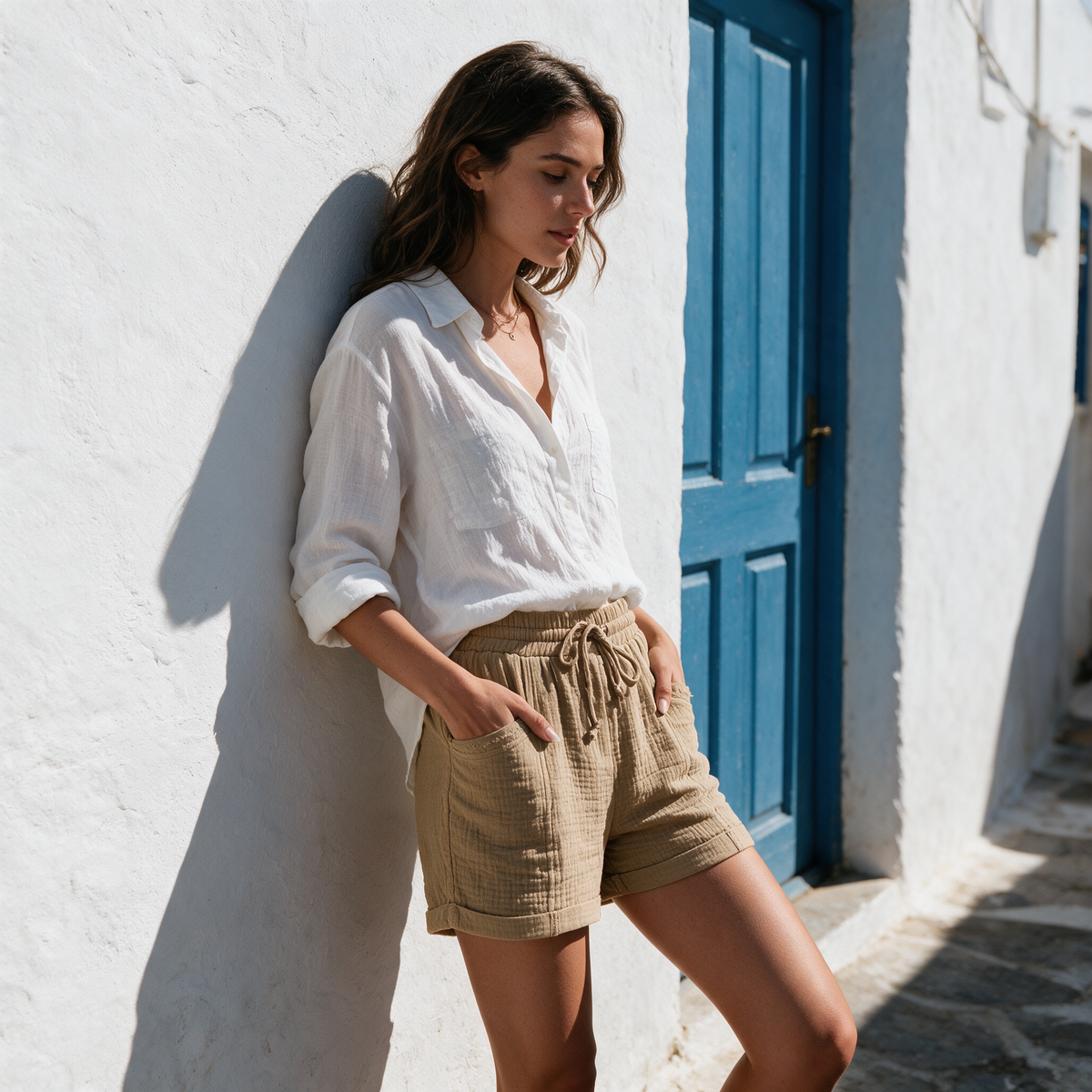 Model wearing the khaki Alexa gauze shorts in a whitewashed alley