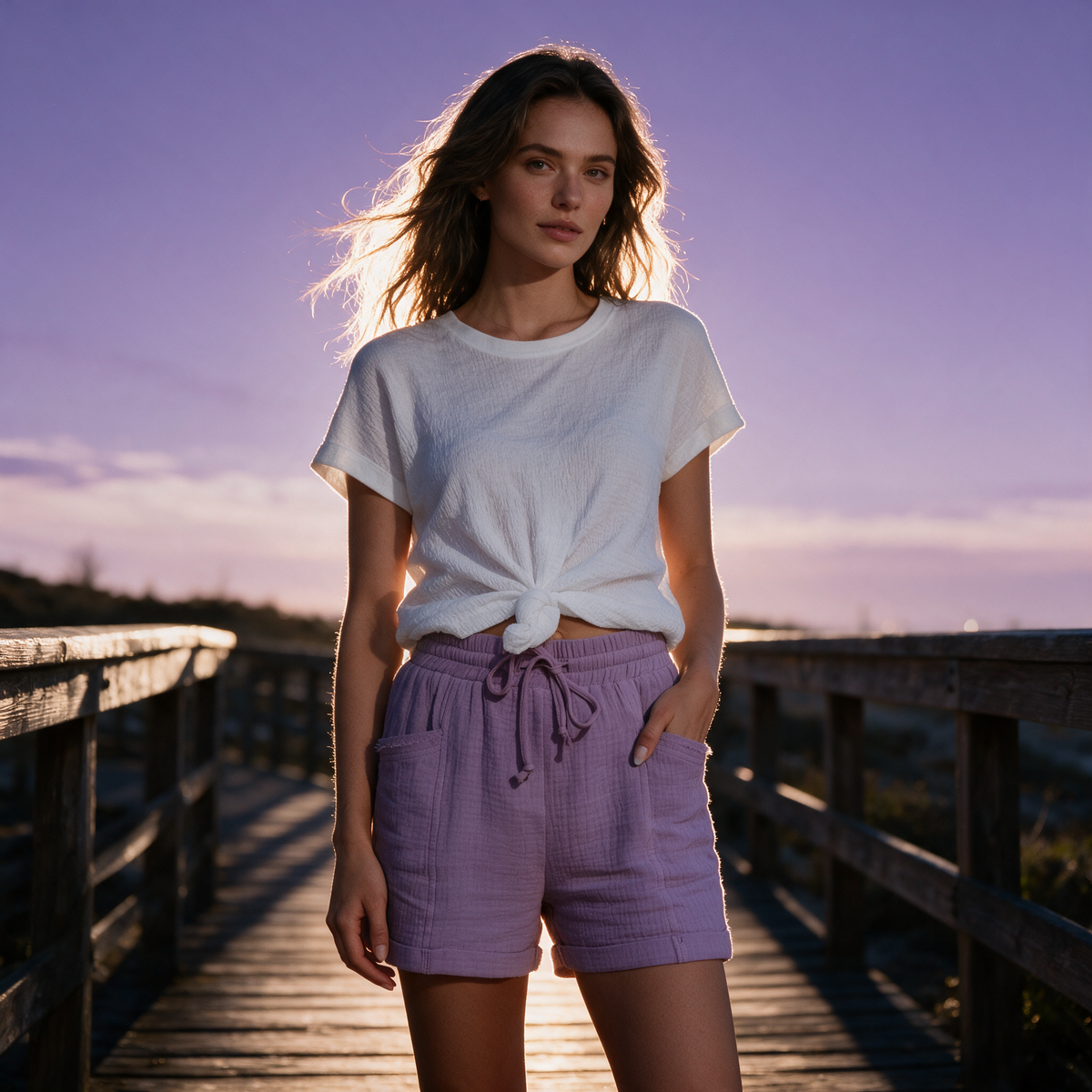 Model wearing the lilac Alexa gauze shorts on a boardwalk at dusk