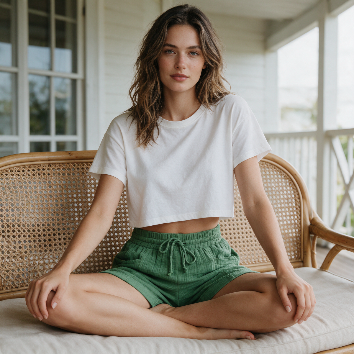 Model wearing the green Alexa gauze shorts on a shaded veranda
