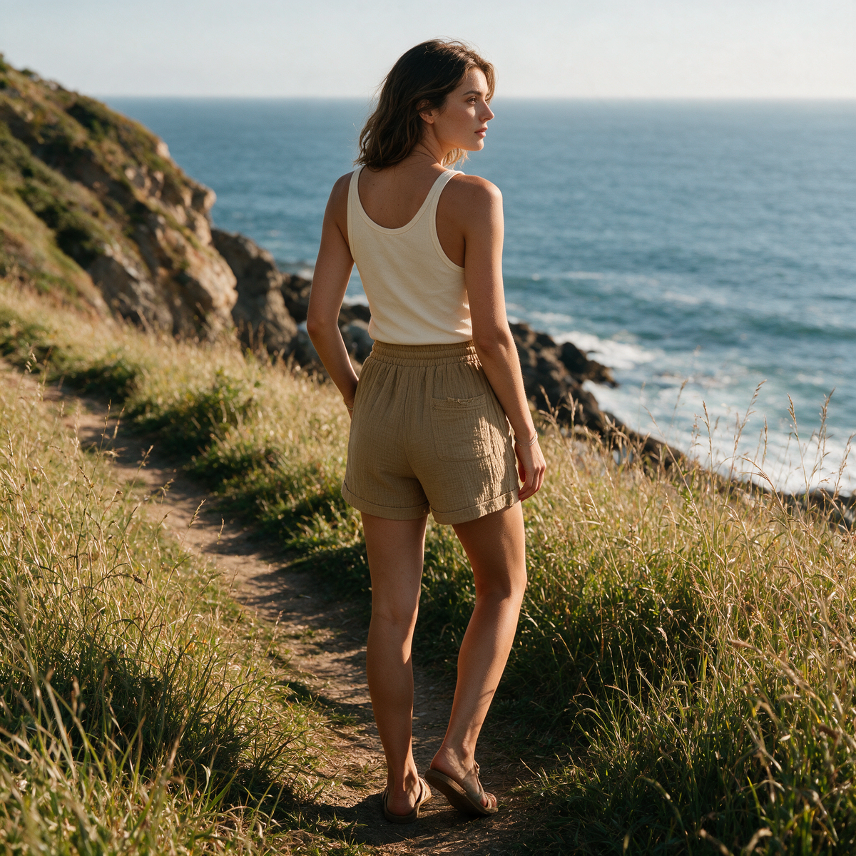 Model wearing the khaki Alexa gauze shorts on a coastal cliff path