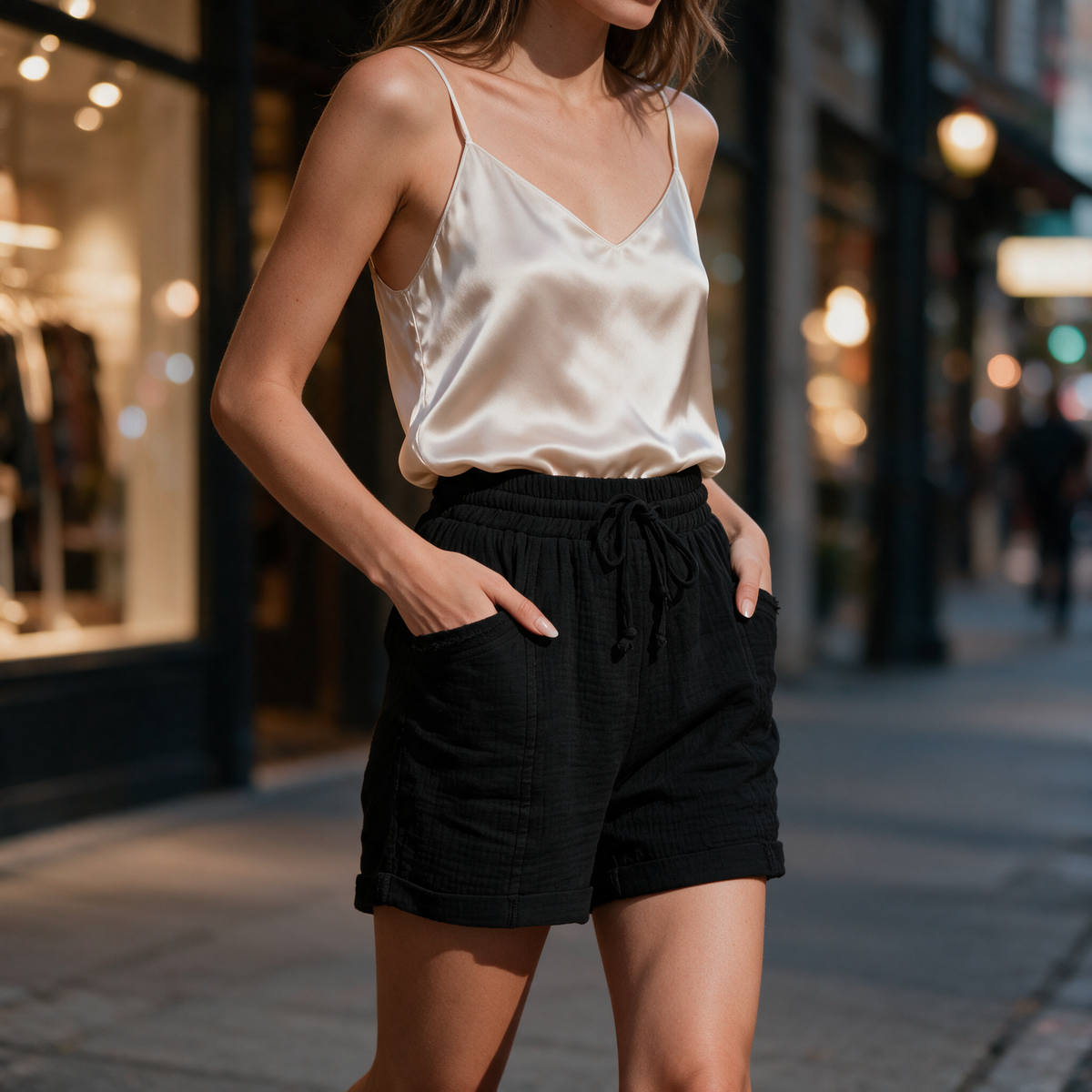 Model wearing the black Alexa gauze shorts on an evening street