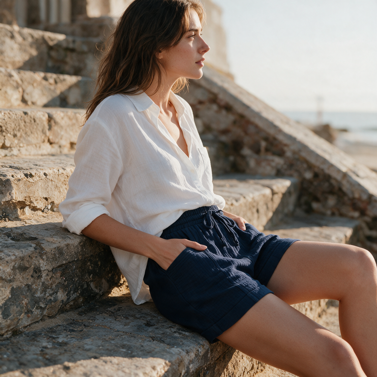 Model wearing the navy blue Alexa gauze shorts on seaside stone steps