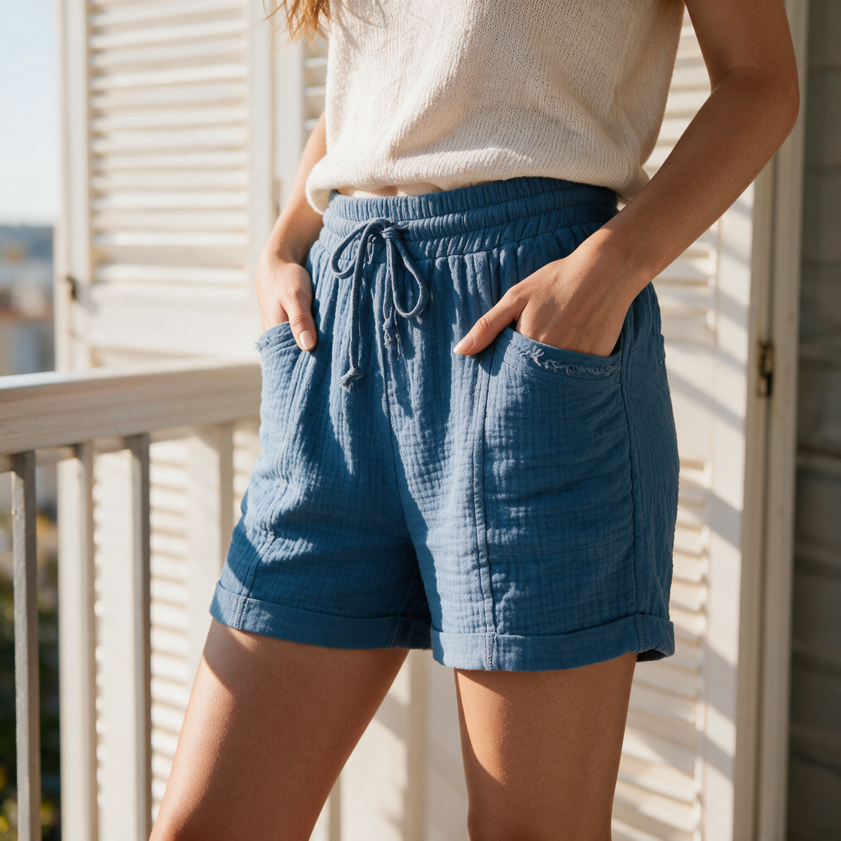 Model wearing the blue Alexa gauze shorts on a sunny balcony