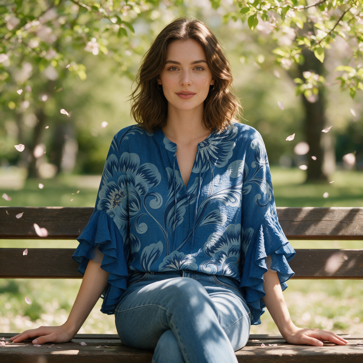 Model wearing the blue Janessa blouse seated on a park bench