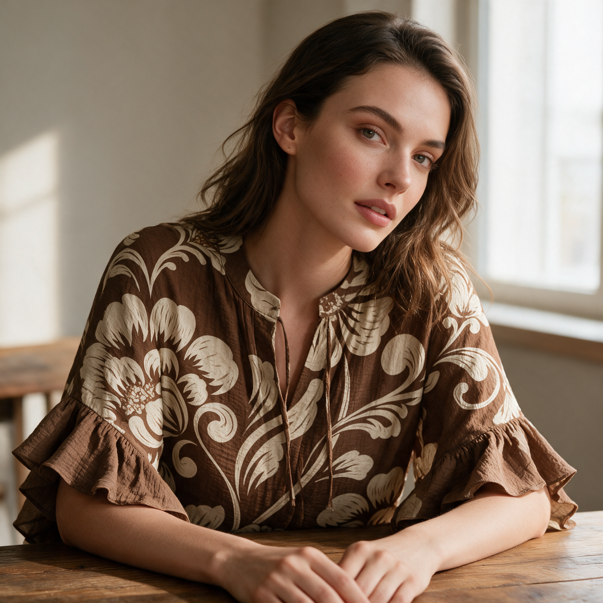 Model wearing the brown Janessa blouse in a warm rustic interior