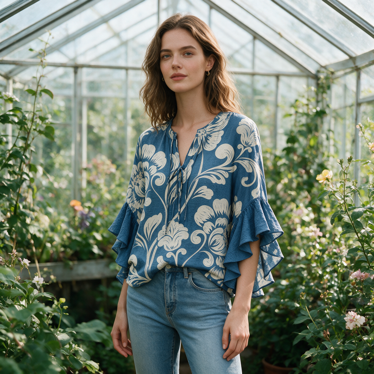 Model wearing the blue Janessa blouse in a glass greenhouse
