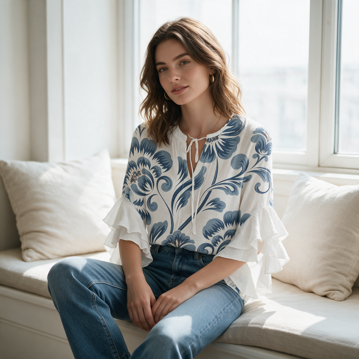 Model wearing the white Janessa blouse on a sunlit window seat