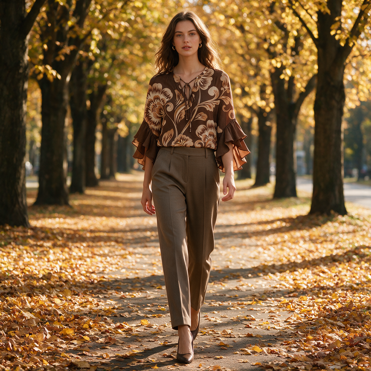 Model wearing the brown Janessa blouse on an autumn avenue