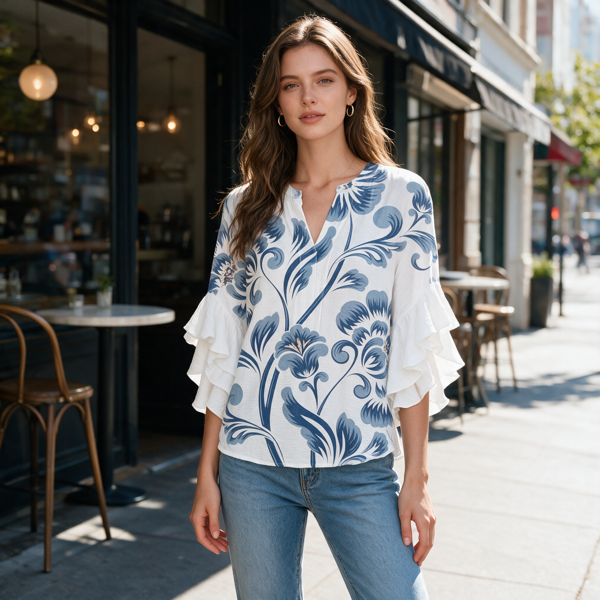 Model wearing the white Janessa floral ruffle blouse on a city sidewalk