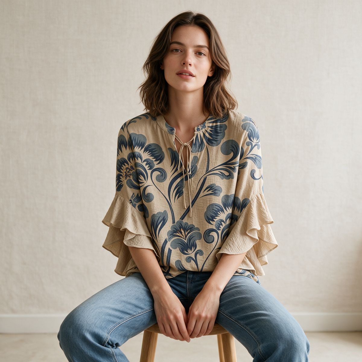 Model wearing the beige Janessa blouse in a minimal studio room