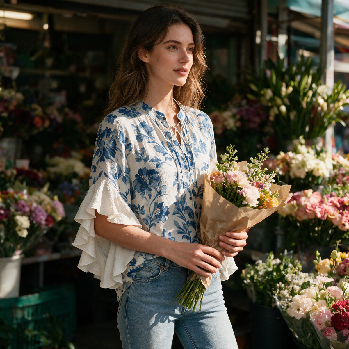 Model wearing the floral blue Janessa blouse at a flower market